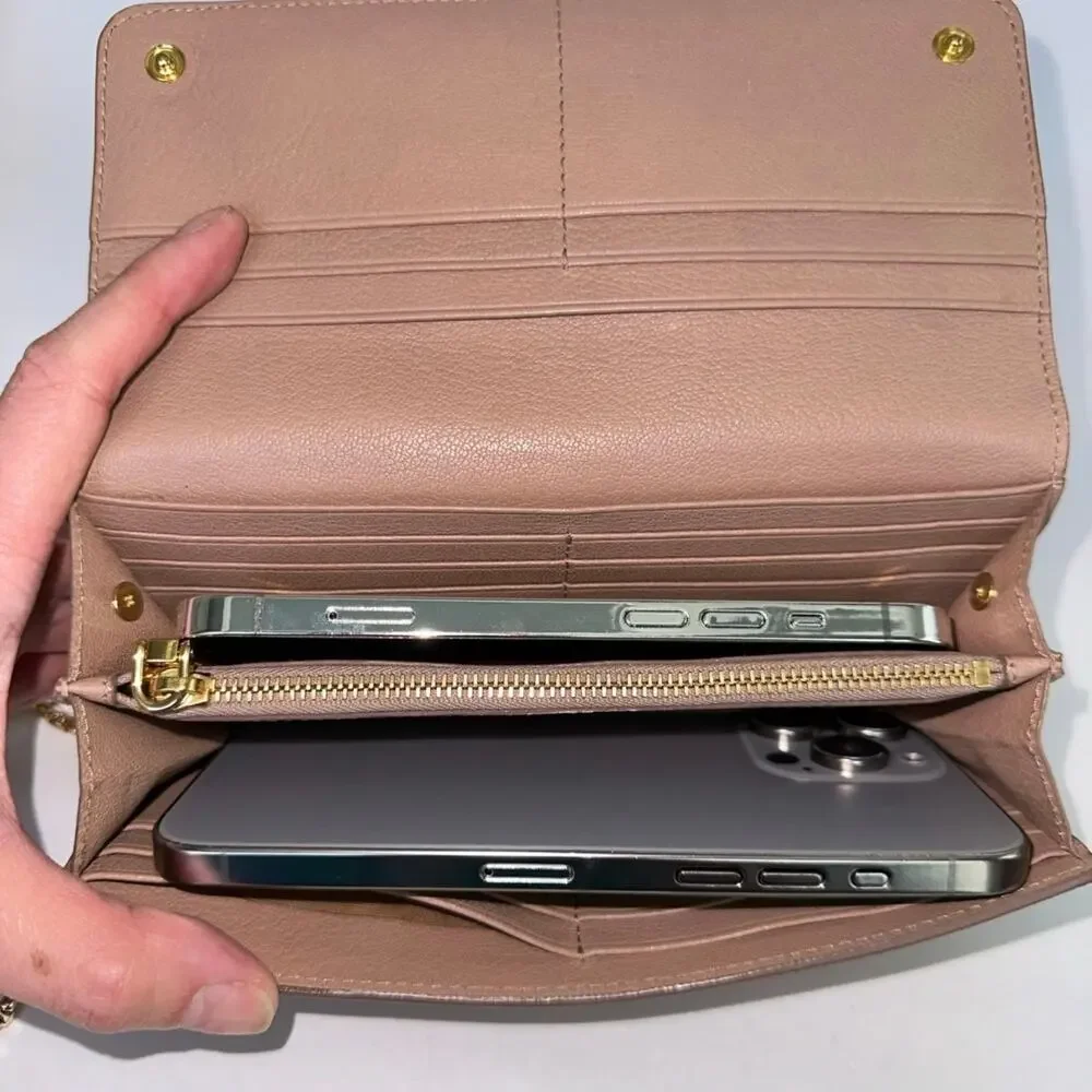 Authentic Miu Miu Beige Leather Wallet on Chain Gold Logo Crossbody - Picture 15 of 16